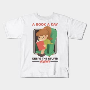 A Book A Day Keeps The Stupid Away Retro Cartoon Girl Kids T-Shirt